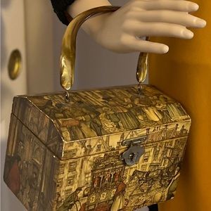 Vintage Wooden Decoupage purse with lucite handle 8” long 6” tall 5” wide